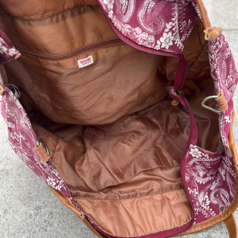 Mossimo Boho Paisley Tote Bag Maroon Canvas Leather Trim XL Shoulder Bag Vintage - Picture 6 of 7